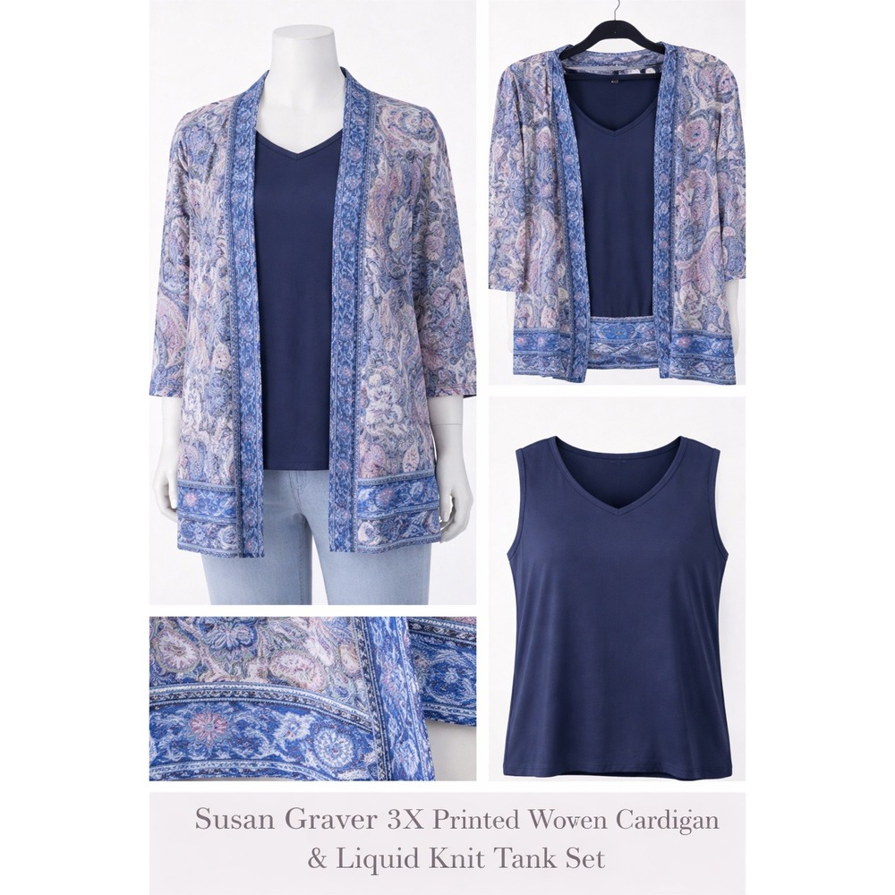 Susan Graver 3X Blue Rose Paisley Printed Cardigan & Liquid Knit‎ Tank Set NEW